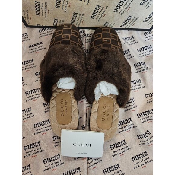 NEW GUCCI Men\'s Square G Fur Slippers Brown GG Monogram Slides Size 8 Italy main image 10